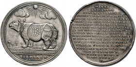 Nürnberg, Stadt. Silbermedaille 1748 von P.P. Werner, auf das in Nürnberg zur Schau gestellte Nashorn. Unter strahlender Sonne, die die Wolken durchbr...