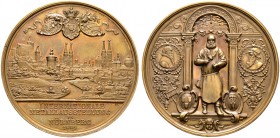 Nürnberg, Stadt. Bronzemedaille 1885 von H. Ströbel, auf die Internationale Metallausstellung zu Nürnberg. Stadtansicht von Westen, darüber gekröntes,...