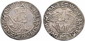 Sachsen-Kurfürstentum. Friedrich III., Johann und Georg 1507-1525. Klappmützentaler o.J. -Annaberg-. Mit ungewöhnlich kleinem Münzzeichen "Kreuz" auf ...