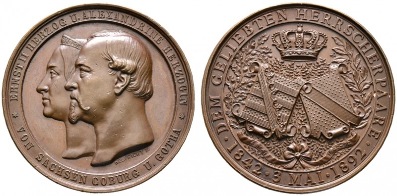 Sachsen-Coburg-Gotha. Ernst II. 1844-1893. Bronzemedaille 1892 von F. Helfricht,...