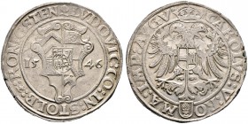 Stolberg-Königstein. Ludwig II. 1535-1574. Taler 1546 -Augsburg-. Wappenkartusche zwischen der geteilten Jahreszahl / Gekrönter Doppeladler mit Brusts...