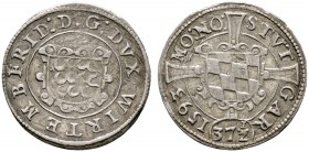 Württemberg. Friedrich I. 1593-1608. Gröschlein mit der Wertzahl 37 ½ 1593. Verzierter Schild mit den drei Hirsch­stangen / Schild mit den Rauten von ...