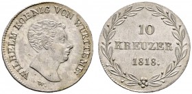 Württemberg. Wilhelm I. 1816-1864. 10 Kreuzer 1818. Variante mit WÜRTTEMB:. KR 55a, AKS 92, J. 34.
leichte Tönung, vorzüglich