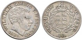 Württemberg. Wilhelm I. 1816-1864. 10 Kreuzer 1823. Jugendlicher Kopf des Königs nach rechts / Gekröntes Wappen, darunter die Signatur W des Stempelsc...