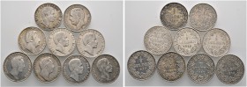 9 Stücke: BADEN. 1/2 Gulden 1839, 1840, 1852, 1862, 1863 (3x), 1864 und 1867.
sehr schön, sehr schön-vorzüglich