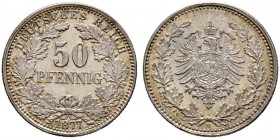 Kleinmünzen. 50 Pfennig 1877 H. J. 8.
feine Tönung, fast Stempelglanz