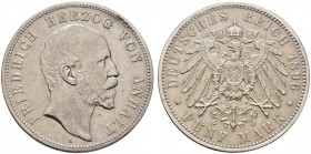 Silbermünzen des Kaiserreiches. ANHALT. Friedrich I. 1871-1904. 5 Mark 1896 A. 25-jähriges Regierungsjubiläum. J. 21.
selten, gutes sehr schön