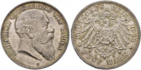 Silbermünzen des Kaiserreiches. BADEN. 5 Mark 1903 G. J. 33.
feine Patina, minimale Randfehler und Kratzer, gutes vorzüglich