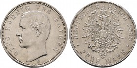 Silbermünzen des Kaiserreiches. BAYERN. Otto 1888-1913. 5 Mark 1888 D. J. 44.
selten in dieser Erhaltung, winzige Kratzer, vorzüglich-Stempelglanz