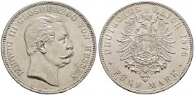 Silbermünzen des Kaiserreiches. HESSEN. 5 Mark 1876 H. J. 67.
sehr selten in dieser Erhaltung, minimale Kratzer, vorzüglich-prägefrisch