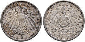 Silbermünzen des Kaiserreiches. LÜBECK. 2 Mark 1904 A. J. 81.
feine Patina, sehr schön-vorzüglich