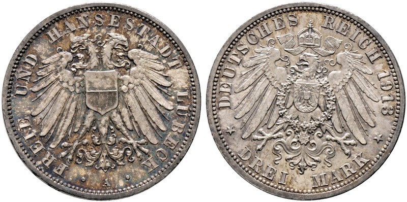 Silbermünzen des Kaiserreiches. LÜBECK. 3 Mark 1913 A. J. 82.
feine Patina, winz...