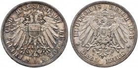 Silbermünzen des Kaiserreiches. LÜBECK. 3 Mark 1913 A. J. 82.
feine Patina, winzige Randfehler, vorzüglich-prägefrisch