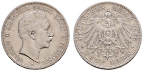 Silbermünzen des Kaiserreiches. PREUSSEN. 5 Mark 1896 A. J. 104.
der seltenste Jahrgang, kleine Randfehler, sehr schön