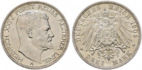 Silbermünzen des Kaiserreiches. REUSS-ÄLTERE LINIE. Heinrich XXIV. 1902-1918. 3 Mark 1909 A. J. 119.
minimale Kratzer, vorzüglich