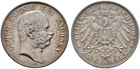 Silbermünzen des Kaiserreiches. SACHSEN. Georg 1902-1904. 2 Mark 1904 E. Auf seinen Tod. J. 132.
feine Patina, Stempelglanz