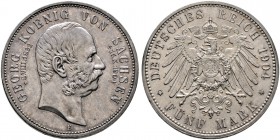 Silbermünzen des Kaiserreiches. SACHSEN. 5 Mark 1904 E. Auf seinen Tod. J. 133.
feine Patina, minimale Randfehler, vorzüglich-Stempelglanz/Stempelglan...