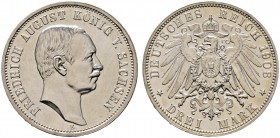 Silbermünzen des Kaiserreiches. SACHSEN. Friedrich August III. 1904-1918. 3 Mark 1908 E. J. 135.
Polierte Platte-minimal berieben