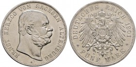 Silbermünzen des Kaiserreiches. SACHSEN. SACHSEN-ALTENBURG. Ernst 1853-1908. 5 Mark 1901 A. 75. Geburtstag. J. 143.
selten, minimale Kratzer, vorzügli...