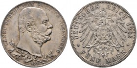 Silbermünzen des Kaiserreiches. SACHSEN. 5 Mark 1903 A. Regierungsjubiläum. J. 144.
feine Tönung, kleine Randfehler und Kratzer, vorzüglich