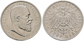 Silbermünzen des Kaiserreiches. SACHSEN-COBURG-GOTHA. 5 Mark 1895 A. J. 146.
selten und überdurchschnittlich erhalten, minimale Kratzer, fast vorzügli...