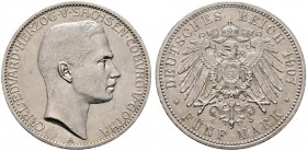 Silbermünzen des Kaiserreiches. SACHSEN-COBURG-GOTHA. Carl Eduard 1900-1918. 5 Mark 1907 A. J. 148.
selten, kleine Kratzer auf dem Avers, vorzüglich/v...