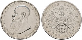 Silbermünzen des Kaiserreiches. SACHSEN-MEININGEN. 5 Mark 1902 D. Bart berührt Perlkreis. J. 153a.
sehr schön-vorzüglich