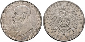 Silbermünzen des Kaiserreiches. SACHSEN-MEININGEN. 5 Mark 1908 D. Bart berührt Perlkreis nicht. J. 153b.
feine Patina, kleine Kratzer, gutes vorzüglic...