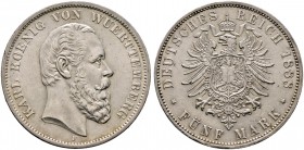 Silbermünzen des Kaiserreiches. WÜRTTEMBERG. Karl 1864-1891. 5 Mark 1888 F. J. 173.
minimale Randfehler und Kratzer, vorzüglich-prägefrisch