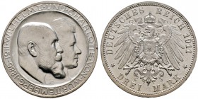 Silbermünzen des Kaiserreiches. WÜRTTEMBERG. 3 Mark 1911 F. Silberhochzeit. Hohes H. J. 177b.
minimale Kratzer, vorzüglich-prägefrisch (matt)/Polierte...