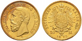 Reichsgoldmünzen. BADEN. Friedrich I. 1852-1907. 20 Mark 1872 G. J. 184.
winzige Kratzer, fast Stempelglanz