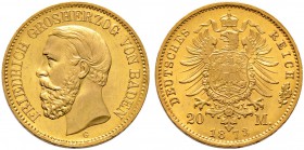 Reichsgoldmünzen. BADEN. 20 Mark 1873 G. J. 184.
Prachtexemplar, Stempelglanz