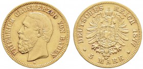 Reichsgoldmünzen. BADEN. 5 Mark 1877 G. J. 185.
minimal berieben, fast vorzüglich