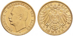 Reichsgoldmünzen. BADEN. Friedrich II. 1907-1918. 10 Mark 1909 G. J. 191.
minimaler Randfehler, vorzüglich-prägefrisch