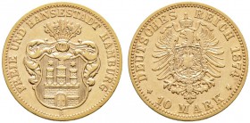 Reichsgoldmünzen. HAMBURG. 10 Mark 1874 B. J. 207.
selten, sehr schön-vorzüglich