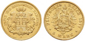 Reichsgoldmünzen. HAMBURG. 5 Mark 1877 J. J. 208.
minimale Kratzer, sehr schön-vorzüglich/vorzüglich