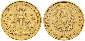 Reichsgoldmünzen. HAMBURG. 10 Mark 1877 J. J. 209. Auflage: 6.000 Exemplare
sehr schön