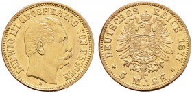 Reichsgoldmünzen. HESSEN. Ludwig III. 1848-1877. 5 Mark 1877 H. J. 215.
selten, Rand minimal bearbeitet, vorzüglich
