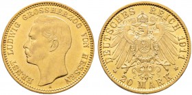 Reichsgoldmünzen. HESSEN. Ernst Ludwig 1892-1918. 20 Mark 1911 A. J. 226.
minimale Kratzer, vorzüglich-prägefrisch