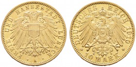 Reichsgoldmünzen. LÜBECK. 10 Mark 1910 A. J. 228.
selten, winzige Kratzer, vorzüglich-prägefrisch