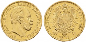 Reichsgoldmünzen. PREUSSEN. 20 Mark 1871 A. J. 243.
winzige Kratzer, fast vorzüglich/vorzüglich-prägefrisch

Die erste Reichsgoldmünze.