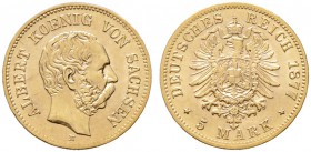Reichsgoldmünzen. SACHSEN. Albert 1873-1902. 5 Mark 1877 E. J. 260.
winzige Kratzer, vorzüglich-prägefrisch