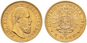 Reichsgoldmünzen. WÜRTTEMBERG. 5 Mark 1877 F. J. 291.
minimale Schrötlingsfehler auf dem Avers, vorzüglich/Stempelglanz