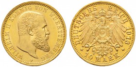 Reichsgoldmünzen. WÜRTTEMBERG. Wilhelm II. 1891-1918. 10 Mark 1913 F. J. 295.
der seltenste Jahrgang, Prachtexemplar, fast Stempelglanz