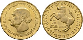 Staatliche Notmünzen. Provinz Westfalen. 5 Millionen Mark 1923. vom Stein. Wert dreizeilig mit "Mk.". Kupfer/Zink- vergoldet. J. N 21. 44 mm
selten, f...