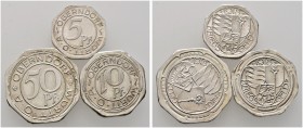 Städtenotmünzen. Oberndorf am Neckar. Set von 3 Silberabschlägen der Notgeldmünzen zu 5, 10 und 50 Pfennig 1918. Jeweils drei Wappen / Wertangabe. Ach...