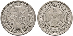 Weimarer Republik. 50 Reichspfennig 1932 G. J. 324.
sehr selten, vorzüglich