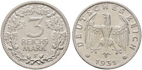 Weimarer Republik. 3 Reichsmark 1931 F. Kursmünze. J. 349.
minimale Kratzer, vorzüglich