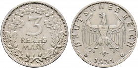 Weimarer Republik. 3 Reichsmark 1931 J. Kursmünze. J. 349.
minimale Kratzer, vorzüglich