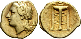 SICILY. Syracuse. Agathokles, 317-289 BC. 50 Litrai or Hemistater (Electrum, 17 mm, 3.44 g, 8 h), circa 310-306/5. Laureate head of Apollo to left; to...